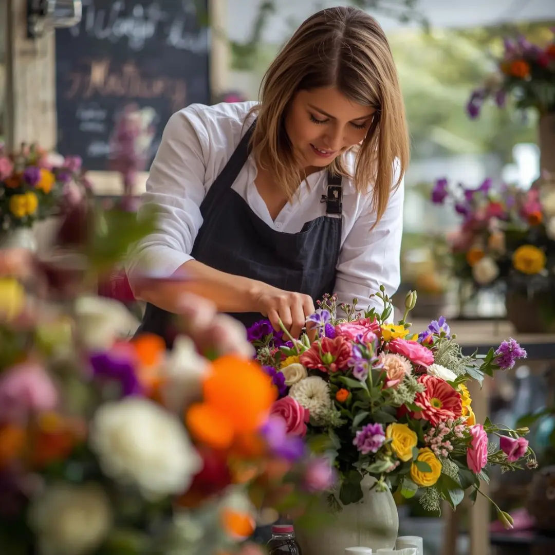 Florista trabajando en un arreglo floral